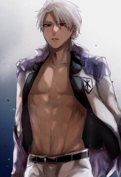 Rule 34 | 1046sstep btoh, 1boy, abs, alternate universe, bankai, bare pectorals, belt, black belt, bleach, bleach: sennen kessen-hen, blood, coat, commentary request, daiguren hyourinmaru (bankai), dark-skinned male, dark skin, eyes visible through hair, hair over one eye, highres, hitsugaya toushirou, hitsugaya toushirou (adult), ice, lips, male focus, navel, official alternate skin color, open clothes, open coat, parted lips, pectorals, red eyes, solo, toned, toned male, upper body, watermark, white hair, zombie (bleach)