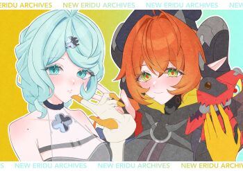 Rule 34 | 2girls, ashimi fugo, bare shoulders, blue eyes, blue hair, blush, dragon girl, dragon horns, fingerless gloves, gloves, green eyes, hair ornament, hat, highres, horns, long hair, looking at viewer, magus (zenless zone zero), mechanical horns, mechanical tail, mole, mole on shoulder, multiple girls, orange hair, orange pupils, orphie magnusson, pointy ears, seed (zenless zone zero), smile, tail, twintails, two-tone background, white background, white gloves, yellow gloves, zenless zone zero