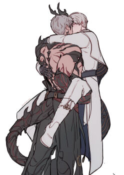 Rule 34 | 2boys, absurdres, arms around neck, artist name, belt, black belt, black gloves, black hands, black horns, black pants, black tail, body markings, boots, cape, capelet, carrying, carrying person, closed eyes, clothing cutout, coat, colored extremities, commentary, couple, dragon boy, dragon horns, dragon tail, english commentary, face-to-face, feet out of frame, fold-over boots, from behind, gloves, hand on another's back, hand on another's thigh, highres, horns, hug, hug carry, kiss, knee boots, long coat, love and deepspace, male focus, multiple boys, pants, peachybunny, photo-referenced, short hair, simple background, spiked tail, spikes, standing, suspended congress, sylus (love and deepspace), tail, tail through clothes, topless male, twitter username, two-sided cape, two-sided fabric, very short hair, white background, white boots, white capelet, white coat, white hair, white pants, xavier (love and deepspace), yaoi
