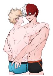 Rule 34 | 2boys, armpits, bakugou katsuki, bite mark, bk baku3, blonde hair, blue eyes, boku no hero academia, brown hair, height difference, heterochromia, hickey, looking at another, male focus, male underwear, multicolored hair, multiple boys, muscular, muscular male, nipples, pectorals, red eyes, red hair, short hair, spiked hair, todoroki shouto, topless male, underwear, white background, white hair, yaoi