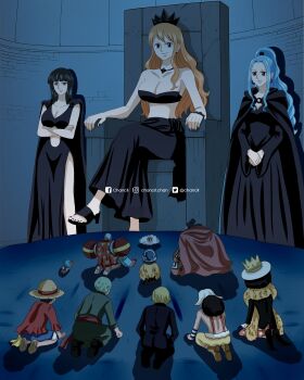 absurdres bird black_hair blue_hair breasts chancil crow giant giantess highres long_hair nami_(one_piece) nefertari_vivi nico_robin one_piece orange_hair size_difference strapless tube_top