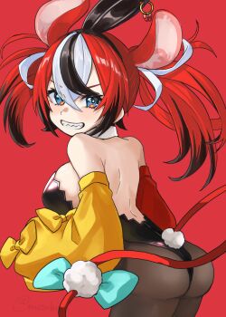 1girl absurdres alternate_costume animal_ear_hairband animal_ears ass asymmetrical_sleeves back black_streaks blue_eyes bow breasts brown_pantyhose collar commentary double-parted_bangs english_commentary fake_animal_ears hair_between_eyes hairband hakos_baelz highres hololive hololive_english large_breasts leotard looking_back mizuhasi pantyhose playboy_bunny rabbit_ear_hairband rabbit_ears rabbit_tail red_background sharp_teeth sideboob smile standing strapless strapless_leotard tail tail_bow tail_ornament teeth twintails uneven_twintails v-shaped_eyebrows virtual_youtuber white_background