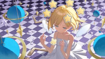 1girl absurdres aichry angel_wings blue_eyes bow checkered_floor decorations dress highres holding looking_at_viewer original short_hair sleeveless sleeveless_dress solo star_(symbol) upper_body wings