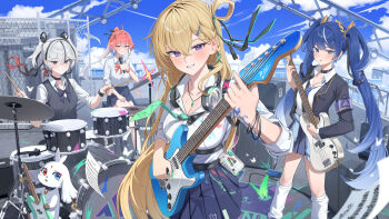 Rule 34 | 4girls, abby (wuthering waves), absurdres, alternate costume, band (music), black jacket, black skirt, blonde hair, blue hair, blue sky, breasts, camellya (wuthering waves), changli (wuthering waves), closed mouth, commentary request, day, earrings, gradient hair, grey vest, guitar, hair ornament, headphones, headphones around neck, highres, holding, holding microphone, id card, instrument, iuno (wuthering waves), jacket, jewelry, long hair, looking at viewer, lynae (wuthering waves), medium breasts, microphone, multicolored hair, multiple girls, music, outdoors, pang-yo, parted lips, pink hair, playing drums, playing guitar, playing instrument, ponytail, purple eyes, shirt, short hair, skirt, sky, smile, star (symbol), star earrings, twintails, vest, white hair, white shirt, wuthering waves