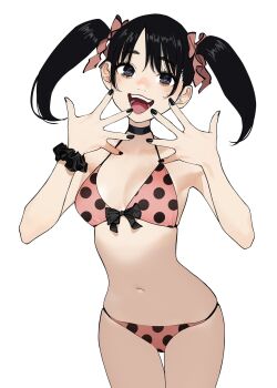 1girl bikini black_choker black_eyes black_hair black_nails black_scrunchie bow bow_bikini breasts choker commentary_request cowboy_shot hair_ribbon hands_up highres looking_at_viewer navel open_mouth original pink_bikini pink_ribbon polka_dot polka_dot_bikini ribbon scrunchie simple_background small_breasts smile solo swimsuit twintails white_background wrist_scrunchie yomu_(sgt_epper)