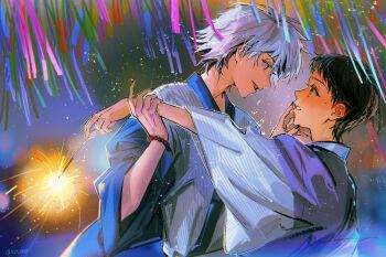 Rule 34 | 2boys, adam's apple, black hair, black nails, blush, bracelet, brown eyes, commentary, ear blush, eye contact, festival, from behind, grey hair, hand on another's wrist, hands on another's face, highres, holding, holding fireworks, ikari shinji, japanese clothes, jewelry, jie deng, looking at another, male focus, multiple boys, nagisa kaworu, neon genesis evangelion, open mouth, short hair, symbol-only commentary, teeth, twitter username, yaoi