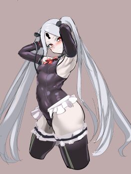 1girl 9is abigail_williams_(fate) abigail_williams_(third_ascension)_(fate) absurdres armpits arms_up black_one-piece_swimsuit black_ribbon black_thighhighs blush bow bowtie breasts brown_background casual_one-piece_swimsuit commentary_request cosplay dead_or_alive dead_or_alive_5 dead_or_alive_xtreme elbow_gloves fate/grand_order fate_(series) frilled_one-piece_swimsuit frilled_thighhighs frills from_side gloves grey_hair grin hair_ornament hair_ribbon highres keyhole long_hair looking_at_viewer marie_rose marie_rose_(cosplay) marie_rose_(devilish_servant_against_the_splashing_waves) one-piece_swimsuit pale_skin parted_bangs red_bow red_bowtie red_eyes ribbon shiny_clothes simple_background sketch small_breasts smile solo swimsuit thighhighs twintails very_long_hair x_hair_ornament