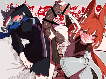 >:) 2futa :d animal_ears arknights bar_censor bed_sheet blush bottomless breasts caressing_testicles cat_ears censored covered_erect_nipples covering_own_eyes cum cum_on_body cum_on_hair ejaculation erection facial flametail_(arknights) foreskin foreskin_pull futa_with_futa futanari gluteal_fold huge_penis jacket large_penis large_testicles long_hair long_sleeves lower_teeth_only lying medium_breasts medium_hair mirin_chikuwa monique_(arknights) multiple_futa on_back open_mouth penis penis_size_difference phimosis pink_eyes projectile_cum purple_eyes scarf sheet_grab sitting smile spot_color squirrel_ears teeth testicle_lift testicles tongue tongue_out v-shaped_eyebrows