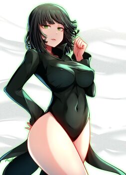 1girl baileys_(tranquillity650) black_dress black_hair breasts commentary_request covered_erect_nipples covered_navel cowboy_shot dress fubuki_(one-punch_man) green_eyes highres large_breasts looking_at_viewer one-punch_man parted_lips pelvic_curtain short_hair solo