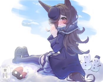 1girl absurdres animal_ears blue_coat blue_hat blush breath brown_hair coat commentary_request flipped_hair hair_over_one_eye hat highres horse_ears horse_girl horse_tail long_hair looking_at_viewer looking_back parted_lips purple_eyes purple_skirt purple_thighhighs rice_shower_(umamusume) saigyougi scarf school_uniform shoes sitting skirt snow snowman solo tail thighhighs tilted_headwear tracen_school_uniform tracen_winter_coat umamusume unworn_mittens winter_clothes winter_coat winter_uniform