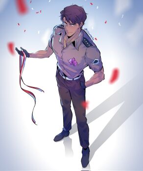 1boy axis_powers_hetalia black_gloves black_pants black_shoes brown_hair closed_mouth cloumello collared_shirt commentary confetti corsage english_commentary flower full_body gloves grey_shirt hand_in_pocket highres holding indonesia_(hetalia) looking_at_viewer male_focus pants pink_flower shadow shirt shoes short_hair smile solo standing yellow_eyes