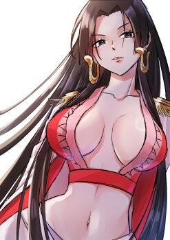 Rule 34 | 1girl, absurdres, black hair, blue eyes, boa hancock, breasts, cape, commentary, crop top, earrings, epaulettes, eyelashes, eyeshadow, highres, jewelry, large breasts, long hair, long sleeves, makeup, midriff, navel, one piece, parted lips, red shirt, shirt, sidelocks, simple background, snake earrings, upper body, white background, white cape, zu tyan61