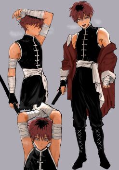 Rule 34 | 1boy, arms behind head, bandaged arm, bandaged hand, bandages, bare shoulders, belt, black boots, black gloves, black hair, black pants, black vest, boots, closed eyes, coat, coat partially removed, commentary request, cowboy shot, cropped legs, fingerless gloves, full body, gloves, grey background, hair between eyes, heavy breathing, highres, holding, holding weapon, male focus, multicolored hair, nya pe, open mouth, pants, red coat, red hair, sash, short hair, single fingerless glove, solo, sousou no frieren, stark (sousou no frieren), sweat, two-tone hair, upper body, vest, waist sash, weapon, white belt, wiping sweat