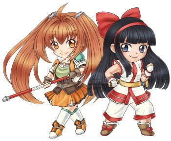 Rule 34 | 2girls, ainu clothes, artist name, black hair, breasts, chibi, closed eyes, crossover, eiyuu densetsu, estelle bright, falcom, fingerless gloves, gloves, grey eyes, hair ribbon, highres, legs, long hair, looking at viewer, mamahaha, medium breasts, multiple girls, nakoruru, orange hair, pants, ribbon, samurai spirits, skirt, small breasts, smile, snk, sora no kiseki, thighs, twintails, watermark, weapon, wthe king of fighters
