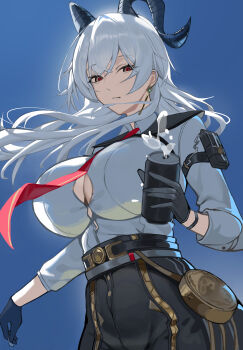 1girl absurdres arm_pouch black_eyes black_gloves black_horns black_pants breasts button_gap can closed_mouth collared_shirt commentary cowboy_shot curled_horns drink_can earrings gloves high-waist_pants highres holding holding_can horns hyou_(2664286753) jewelry key_earrings large_breasts long_hair looking_at_viewer multicolored_eyes necktie pants red_eyes red_necktie shirt shirt_tucked_in solo tight_clothes tight_pants two-tone_eyes white_hair white_shirt wind wuthering_waves zani_(wuthering_waves)