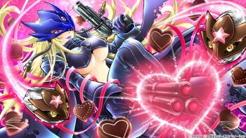 Rule 34 | 1girl, absurdres, beelstarmon, black coat, black pants, black vest, blonde hair, breasts, choker, coat, commentary request, digimon, digimon (creature), dual wielding, eye mask, finger on trigger, fly bullet, gun, heart, heart choker, highres, himeno kagemaru, holding, holding gun, holding weapon, large breasts, long hair, mask, official art, pants, purple eyes, purple lips, solo, third eye, trigger discipline, underboob, valentine, vest, weapon
