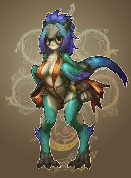 1girl absurdres animal_feet animal_hands black_eyes blue_feathers blue_hair bridle brown_background claws clothing_request colored_sclera digitigrade feather_hair feathered_wings feathers full_body green_feathers highres horns long_hair looking_at_viewer monster_girl monster_hunter_(series) monster_hunter_wilds muhut pigeon-toed purple_feathers purple_wings pussy reins seikret_(monster_hunter) solo standing tail winged_arms wings yellow_sclera