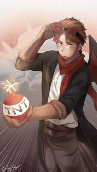 Rule 34 | 1boy, animification, bat wings, beard, belt, black jacket, bomb, brown gloves, brown pants, commentary, cowboy shot, elineyuhu, empires smp, english commentary, explosive, facial hair, fwhip, fwhip (count), gloves, goggles, goggles on head, highres, holding, jacket, looking at viewer, male focus, minecraft, minecraft youtube, open clothes, open jacket, orange hair, pants, red scarf, scarf, short hair, signature, smile, solo, standing, tnt, tnt block (minecraft), wings