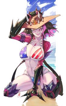 1girl :d absurdres alternate_costume american_flag american_flag_bikini american_flag_print arm_up arthropod_limbs bikini black_hair blue_sky blush boutsoftheblind breasts carapace cleavage cloud collarbone commentary commission cowboy_hat day english_commentary facial_mark fangs flag_print flag_print_bikini full_body hand_on_headwear hat highres indie_virtual_youtuber large_breasts looking_at_viewer matara_kan matara_kan_(evil) mole mole_on_breast monster_girl multi-strapped_bikini_bottom multicolored_hair navel official_alternate_hair_color open_mouth outdoors pink_hair print_bikini print_swimsuit purple_lips sitting sky smile solo spiked_hat star_(symbol) star_print star_print_bikini stomach string_bikini swimsuit two-tone_hair virtual_youtuber yellow_eyes