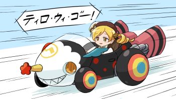 1girl blonde_hair blush brown_hat car charlotte_(madoka_magica) drill_hair driving flower hair_flower hair_ornament hat hat_feather hat_flower long_hair magical_girl mahou_shoujo_madoka_magica mahou_shoujo_madoka_magica_(anime) mario_(series) mario_kart motor_vehicle nintendo open_mouth parody polka_dot race_vehicle racecar shadow_(modeler3622) sharp_teeth shirt sitting smile speech_bubble teeth tomoe_mami tomoe_mami_(magical_girl) twin_drills white_shirt witch_(madoka_magica) yellow_eyes