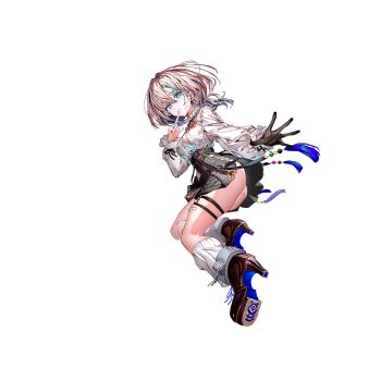 1girl angel_wings arcaea bandage_on_face bandages bandaid bandaid_on_face black_boots black_gloves black_skirt blue_eyes blue_hair boots breasts compassion_(arcaea) detached_wings different_reflection enj! feathered_wings finger_to_mouth full_body gears glass_shards gloves grey_hair highres long_sleeves looking_at_viewer medium_breasts mirror multicolored_hair non-web_source official_art parted_lips reflection shirt short_hair skirt socks solo streaked_hair thigh_strap thighhighs weapon white_shirt white_socks white_wings wings zettai_ryouiki