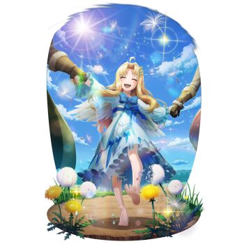 1boy 2girls :d ^_^ armored_gloves artist_request barefoot bird_girl bird_wings black_shirt blonde_hair blue_bow blue_dress blue_sky blush bow brown_gloves chest_bow child cloak closed_eyes cloud cloudy_sky curtained_hair dandelion dandelion_clock dandelion_seed day dirt_road dress elbow_gloves facing_ahead facing_viewer feathered_wings filo_(tate_no_yuusha_no_nariagari) fingerless_gloves flower forehead frilled_dress frilled_sleeves frills full_body fur-trimmed_gloves fur_trim game_cg gloves grass green_cloak holding_hands long_hair long_sleeves medium_dress metal_wrist_cuffs multiple_girls official_art open_mouth out_of_frame outdoors pinstripe_dress pinstripe_pattern raccoon_girl raccoon_tail road shirt simple_background sky smile solo_focus straight-on straight_hair sun sunlight tail tate_no_yuusha_no_nariagari tate_no_yuusha_no_nariagari_rerise teeth tongue transparent_background two-tone_dress upper_teeth_only walking white_dress white_flower white_wings wing_hairpin wings yellow_flower