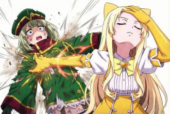 2girls adjusting_hair araga_kiwi blonde_hair breasts elbow_gloves gem gloves green_gloves green_hair green_hat green_jacket hand_in_own_hair hat heart-shaped_gem highres jacket leoparde_(mahou_shoujo_ni_akogarete) long_hair magia_sulfur magical_girl mahou_shoujo_ni_akogarete medium_breasts meme military_hat military_jacket mole mole_under_eye multiple_girls naoya_hitting_choso_without_looking_(meme) no_pants note_kaga open_mouth rapid_punches scene_reference simple_background skirt tenkawa_kaoruko torn_clothes yellow_gem yellow_skirt