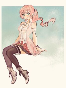 Rule 34 | 1girl, bandaged arm, bandages, black thighhighs, blue eyes, boots, breasts, chimney (chimney0311), closed mouth, commentary, dot nose, eyelashes, final fantasy, final fantasy xiii, floating hair, full body, grey boots, highres, jewelry, lace-up boots, long hair, looking at viewer, medium breasts, necklace, pink hair, ponytail, red skirt, serah farron, sitting, skirt, smile, solo, thighhighs