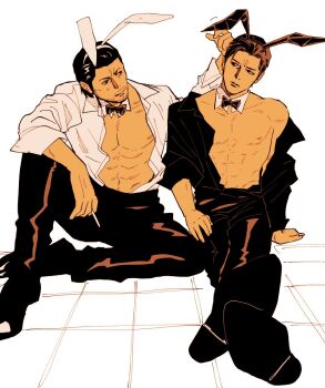 2boys animal_ears beard black_hair bow bowtie brown_hair cigarette commentary_request detached_collar dojima_daigo dress_shirt facial_hair fake_animal_ears hair_slicked_back holding holding_cigarette male_focus mine_yoshitaka multiple_boys muscular muscular_male off_shoulder open_clothes open_shirt rabbit_ears relaxing ryuu_ga_gotoku_(series) ryuu_ga_gotoku_3 shiny_pants shirt tyag53