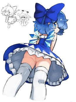 <|>_<|> 2girls :q ;q alice_grimm angry ass blue_bow blue_dress blue_eyes blue_hair bow cirno closed_mouth commentary detached_wings dress english_commentary from_below hair_bow hair_ribbon highres ice ice_wings long_hair long_sleeves looking_at_viewer medium_hair moriya_suwako multiple_girls no_panties one_eye_closed ribbon sleeveless sleeveless_dress smile solo_focus squatting star_(symbol) thighhighs tongue tongue_out touhou vest white_thighhighs wings wink_star