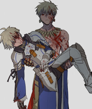 Rule 34 | 2boys, ahoge, armor, armored boots, arthur pendragon (fate), belt, black pants, blonde hair, blood, blood in hair, blood on face, blood on hands, blue pants, blue shirt, boots, breastplate, brown belt, carrying, closed eyes, closed mouth, collarbone, commentary request, cowboy shot, cube earrings, earrings, fate/grand order, fate (series), faulds, fingernails, fur-trimmed sleeves, fur trim, gauntlets, gilgamesh (fate), gold earrings, gold necklace, grey armor, hands up, highres, injury, jewelry, kometubu0712, long sleeves, looking at viewer, male focus, multiple boys, necklace, pants, pauldrons, princess carry, red eyes, shirt, short hair, shoulder armor, simple background, single gauntlet, standing, teeth, thigh strap, topless male, unconscious, white armor, white background, wide sleeves, yaoi