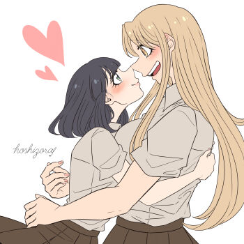 Rule 34 | 2girls, artist name, black hair, blonde hair, blush, brown skirt, closed mouth, collared shirt, commentary request, grey eyes, hand on another's back, heart, highres, hoshizora no shita, hug, long hair, medium hair, multiple girls, open mouth, original, pleated skirt, school uniform, shirt, short sleeves, simple background, skirt, smile, upper body, white background, white shirt, yellow eyes, yuri