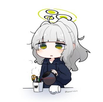 1girl @_@ black_hoodie blue_archive chibi chibi_only coffee_mug coffee_pot commentary_request cup green_eyes green_halo grey_hair halo hare_(blue_archive) high_ponytail highres holding holding_coffee_pot hood hood_down hoodie kuroshiro1011 long_hair long_sleeves millennium_science_school_logo mug parted_lips pen pen_holder pencil ponytail pouring puffy_long_sleeves puffy_sleeves scissors simple_background solo steam twitter_username white_background you're_doing_it_wrong