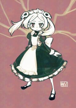 Rule 34 | 1girl, apron, bloody marie (skullgirls), brooch, chichibu (watson), dress, frilled apron, frilled dress, frills, full body, grey hair, hair ornament, jewelry, looking at viewer, maid headdress, mary janes, red background, red eyes, shoes, skull hair ornament, skullgirls, solo, standing, twintails