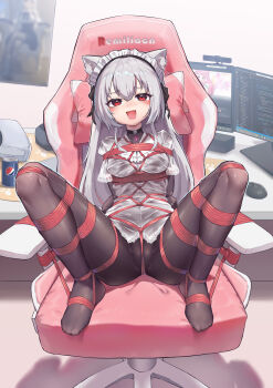 1girl absurdres animal_ears arms_behind_back bdsm black_pantyhose bondage bound bound_ankles bound_arms bound_legs bound_torso breasts cat_ears chair check_copyright choker computer_mouse copyright_request covered_navel crotch_rope female_focus frogtie full_body gagged gaming_chair highres logitech long_hair monitor multiple_monitors no_shoes open_mouth original pantyhose red_eyes red_hair restrained shibari shibari_over_clothes sitting small_breasts smile solo spread_legs swivel_chair very_long_hair xiongmao