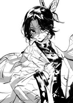 1girl absurdres adjusting_clothes animal_print black_hair black_jacket breasts butterfly_hair_ornament butterfly_print butterfly_print_haori demon_slayer_uniform greyscale hair_between_eyes hair_ornament haori highres jacket japanese_clothes kimetsu_no_yaiba kochou_shinobu li_nauu medium_breasts monochrome parted_bangs print_haori shaded_face sidelocks sketch solo updo upper_body veins veiny_face veiny_hands white_background