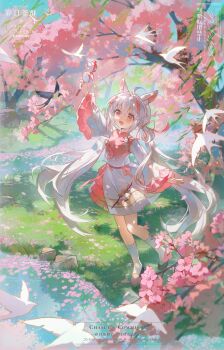Rule 34 | 1girl, :d, absurdres, ahoge, animal ear fluff, animal ears, arm up, bird, black shoes, cherry blossoms, day, dress, frilled sleeves, frills, full body, grey hair, hair between eyes, hair ribbon, highres, kneehighs, long hair, long sleeves, open mouth, original, outdoors, pink ribbon, rabbit ears, rabbit girl, red eyes, ribbon, shoes, smile, socks, solo, standing, tree, very long hair, water, watermark, white dress, white socks, wide sleeves, yi kuai cha suyou
