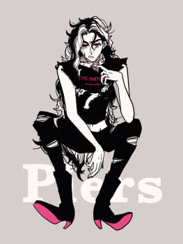 1boy black_boots black_jeans boots denim dyed_hair high_heels highres jeans jewelry long_hair midriff nail_polish necklace nintendo pants piers_(pokemon) pink_soles pokemon pokemon_swsh shirt sleeveless sleeveless_shirt teibo_(t_bowwow) the_smiths torn_clothes torn_jeans torn_pants