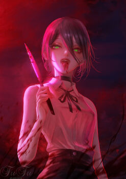 1girl black_choker black_hair black_ribbon black_shorts blood blood_spray chainsaw_man choker collared_shirt commentary fufu green_eyes hair_between_eyes highres holding holding_knife knife looking_at_viewer neck_ribbon red_theme reze_(chainsaw_man) ribbon severed_tongue shirt shorts sleeveless sleeveless_shirt solo tongue tongue_out white_shirt yandere