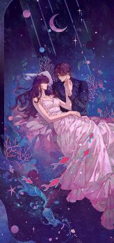 Rule 34 | 1boy, 1girl, black shirt, breasts, chaoxibumian, closed eyes, collared shirt, commentary request, coral, couple, crescent moon, dress, fish, hair between eyes, hetero, highres, holding hands, long dress, long hair, looking at another, love and deepspace, medium breasts, moon, parted bangs, pillow, protagonist (love and deepspace), purple hair, rafayel (love and deepspace), reclining, shirt, short hair, sitting, sleeveless, sleeveless dress, starfish, white dress