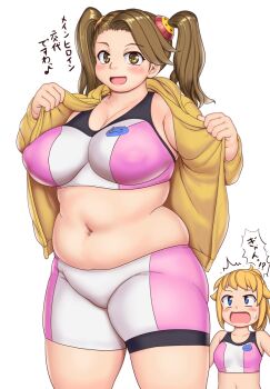 !? 2girls blonde_hair blue_eyes blush breasts brown_eyes brown_hair commentary_request covered_erect_nipples cowboy_shot gundam gundam_build_fighters gundam_build_fighters_try hair_ornament highres hood hood_down hoodie hoshino_fumina large_breasts long_hair looking_at_viewer medium_breasts multiple_girls musical_note navel open_clothes open_hoodie open_mouth orizen plump sazaki_kaoruko simple_background sweatdrop thick_thighs thighs translated twintails upper_body white_background yellow_hoodie