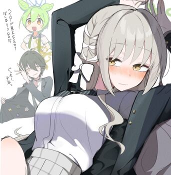 3girls :d arms_up beyblade beyblade_(object) blue_archive bow breasts brown_eyes coat_stash commentary_request downer_onee-san_wa_asobitai fuyu_(blue_archive) green_hair grey_hair hair_between_eyes hair_bow halo highres hukube_kanchou jacket long_hair long_sleeves miyo_(blue_archive) mole mole_under_eye multiple_girls necktie open_clothes open_jacket open_mouth pose_imitation ritsu_(blue_archive) scene_reference shirt simple_background smile striped_clothes striped_necktie voiceroid white_background white_bow white_shirt zundamon