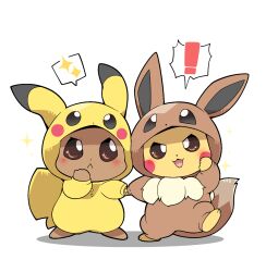 Rule 34 | azuma minatsu, blush, brown eyes, closed mouth, cosplay, creatures (company), eevee, frown, game freak, gen 1 pokemon, holding hands, hood, hoodie, nintendo, no humans, open mouth, pikachu, pokemon, pokemon (creature), smile, standing, white background