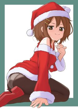 1girl andreypavlow bare_shoulders black_pantyhose block_heels brown_eyes brown_hair dress fur-trimmed_dress fur-trimmed_headwear fur-trimmed_sleeves fur_trim hair_ornament hairclip hat highres hirasawa_yui k-on! long_sleeves looking_at_another panties panties_under_pantyhose pants pantyhose parallel_hairclips pom_pom_(clothes) red_dress red_shoes santa_costume santa_dress santa_hat shoes short_hair sitting smile smug solo underwear wariza white_panties