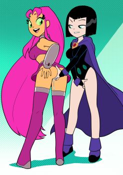 biting_own_lip black_hair boots cape colored_sclera dark-skinned_female dark_skin dc_comics fingering green_eyes green_sclera leotard long_hair miniskirt open_mouth pink_hair pussy_juice raven_(dc) skirt starfire teen_titans teeth tekuho_no_habo thigh_boots touching_another's_crotch upper_teeth_only yuri