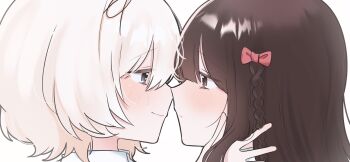 2girls babumi_roriko bow braid brown_eyes brown_hair closed_mouth commentary eye_contact grey_eyes hair_bow hanamura_hinako hand_in_another's_hair hashtag-only_commentary highres kitanai_kimi_ga_ichiban_kawaii long_hair looking_at_another multiple_girls pink_bow sezaki_airi short_hair side_braid simple_background smile white_background white_hair yuri