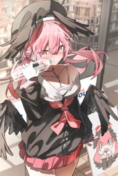1girl absurdres black_choker black_hat black_shirt black_wings blue_archive blush bottle choker cityscape collarbone commentary coomlee cowboy_shot drawing_(object) embarrassed feathered_wings halo hand_up hat head_wings highres holding holding_bottle koharu_(blue_archive) long_hair long_sleeves low_twintails low_wings neckerchief pink_hair pink_halo pink_neckerchief pink_skirt pleated_skirt sailor_collar school_uniform serafuku shirt shirt_partially_removed sign single_bare_shoulder skirt slit_pupils standing symbol-only_commentary twintails water_bottle white_sailor_collar wings