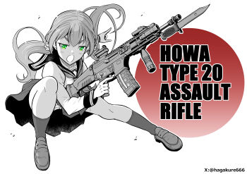 1girl absurdres assault_rifle commentary_request floating_hair gun highres holding holding_gun holding_weapon howa_type_20 long_hair neckerchief number10_(hagakure) original panties pleated_skirt rifle sailor_collar school_uniform shirt shoes skirt socks solo striped_clothes striped_panties twintails underwear weapon