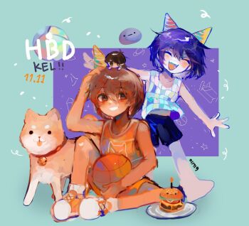 3boys :3 :d ^_^ ankle_socks antenna_hair aqua_border arm_up ball bare_arms bare_legs bare_shoulders barefoot basketball beachball bell black_eyes black_hair black_shorts border brown_dog brown_eyes brown_hair burger candle character_name checkered_clothes checkered_shirt chibi chibi_on_head closed_eyes collar commentary dark-skinned_male dark_skin dated dog double-parted_bangs dual_persona english_commentary facing_viewer fangs food full_body grin hair_between_eyes hand_on_own_head happy_birthday hat hector_(omori) holding holding_ball kel_(faraway)_(omori) kel_(headspace)_(omori) kel_(omori) knee_up knees_apart_feet_together looking_at_another looking_at_viewer male_focus multiple_boys mynameisbri neck_bell omori on_head open_mouth orange_hat orange_shoes orange_shorts orange_tank_top outside_border outstretched_arms pale_skin party_hat plate purple_background purple_hair purple_hat red_collar rock shiba_inu shirt shoes short_hair shorts simple_background sitting sleeveless sleeveless_shirt smile socks solid_circle_eyes standing star_(symbol) striped_hat sunny_(omori) tank_top teeth tongue tongue_out twitter_username white_socks