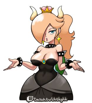 1girl alternate_breast_size alternate_costume alternate_hairstyle aqua_eyes armlet asymmetrical_hair big_breasts blonde_hair blue_eyes bowsette bowsette_(cosplay) bracelet breasts cleavage clothes collar colored cosplay crown curvy earrings eyelashes female_focus genderswap hair_over_one_eye half-closed_eyes highres horns jewelry large_breasts long_hair mario_(series) minuspal narrow_waist neckwear new_super_mario_bros._u_deluxe nintendo one_eye_covered ponytail rosalina shell shrugging simple_background solo spiked_armlet spiked_bracelet spiked_collar spiked_shell spikes super_mario_galaxy white_background wide_hips